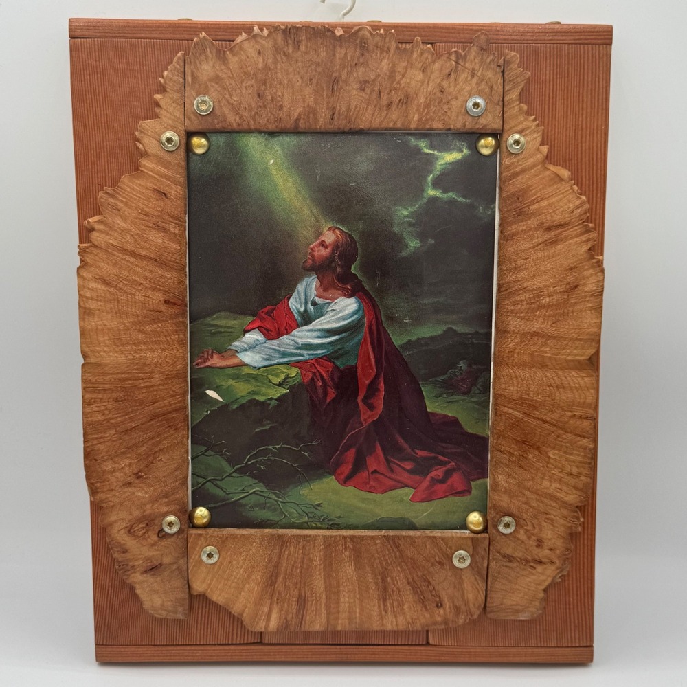 Vintage Jesus Praying Garden of Gethsemane Wood Plaque Folk Art Wall Decor 12x10